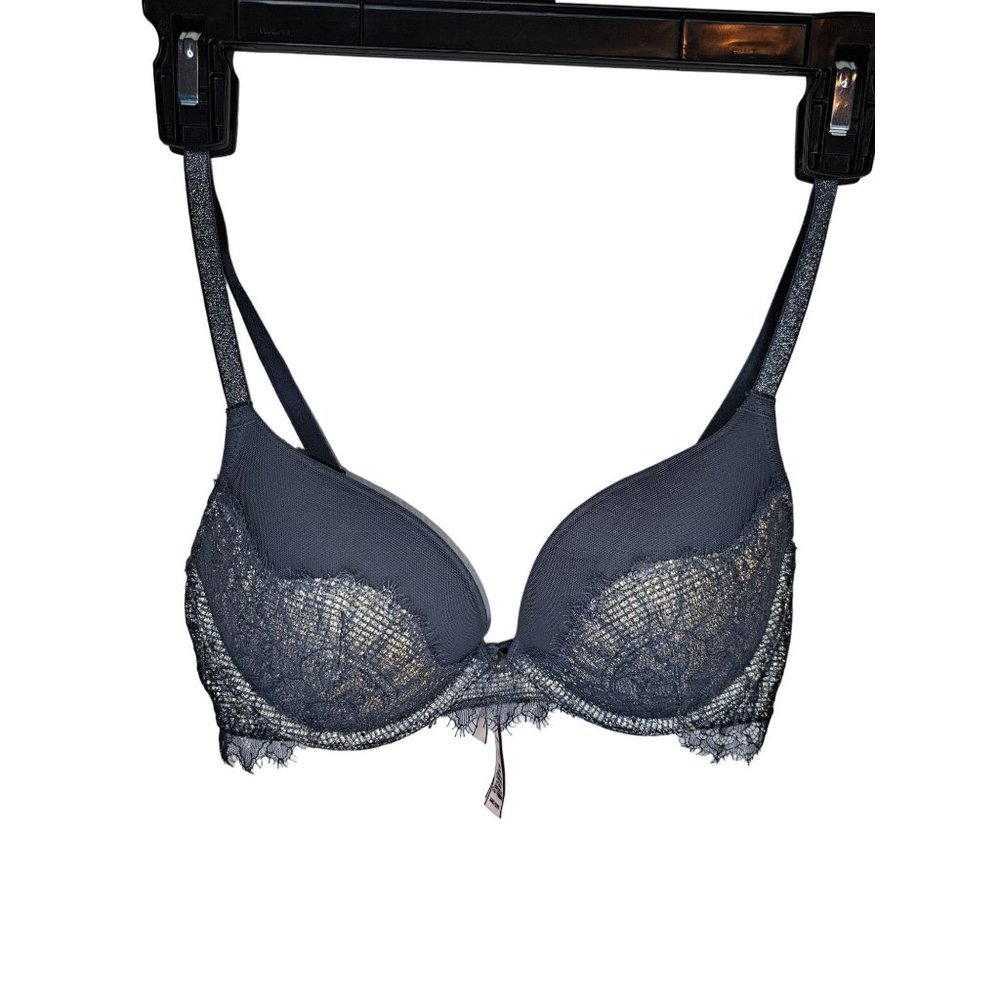Victoria's Secret 34C Gray Dream Angles Push-up Silver Lace Overlay Bra